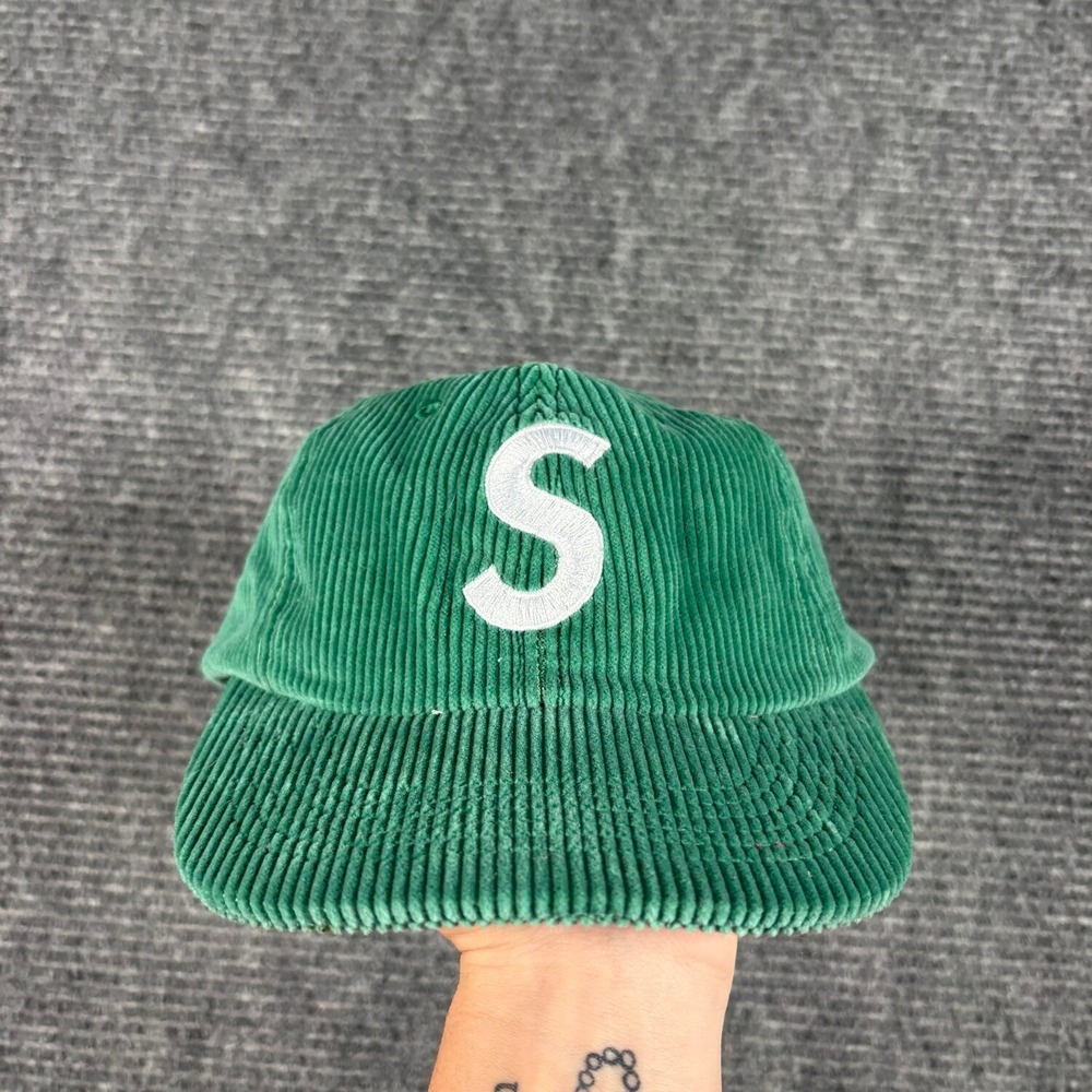 Supreme S Logo Corduroy Hat Unisex OS Green Excellent Leather Strapback Cap